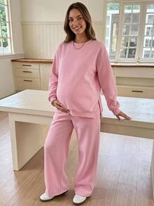 Lyckli Setelan Ibu Hamil Musim Gugur/Dingin, Atasan Sweatshirt dan Celana Jogging Warna Polos, 2 Potong - Berwarna merah muda - View 2