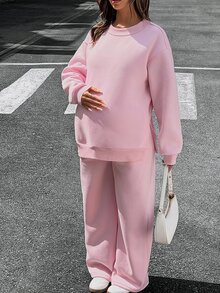 Lyckli Setelan Ibu Hamil Musim Gugur/Dingin, Atasan Sweatshirt dan Celana Jogging Warna Polos, 2 Potong - Berwarna merah muda - View 3