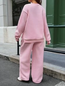 Lyckli Setelan Ibu Hamil Musim Gugur/Dingin, Atasan Sweatshirt dan Celana Jogging Warna Polos, 2 Potong - Berwarna merah muda - View 8
