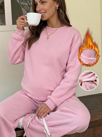 Lyckli Setelan Ibu Hamil Musim Gugur/Dingin, Atasan Sweatshirt dan Celana Jogging Warna Polos, 2 Potong