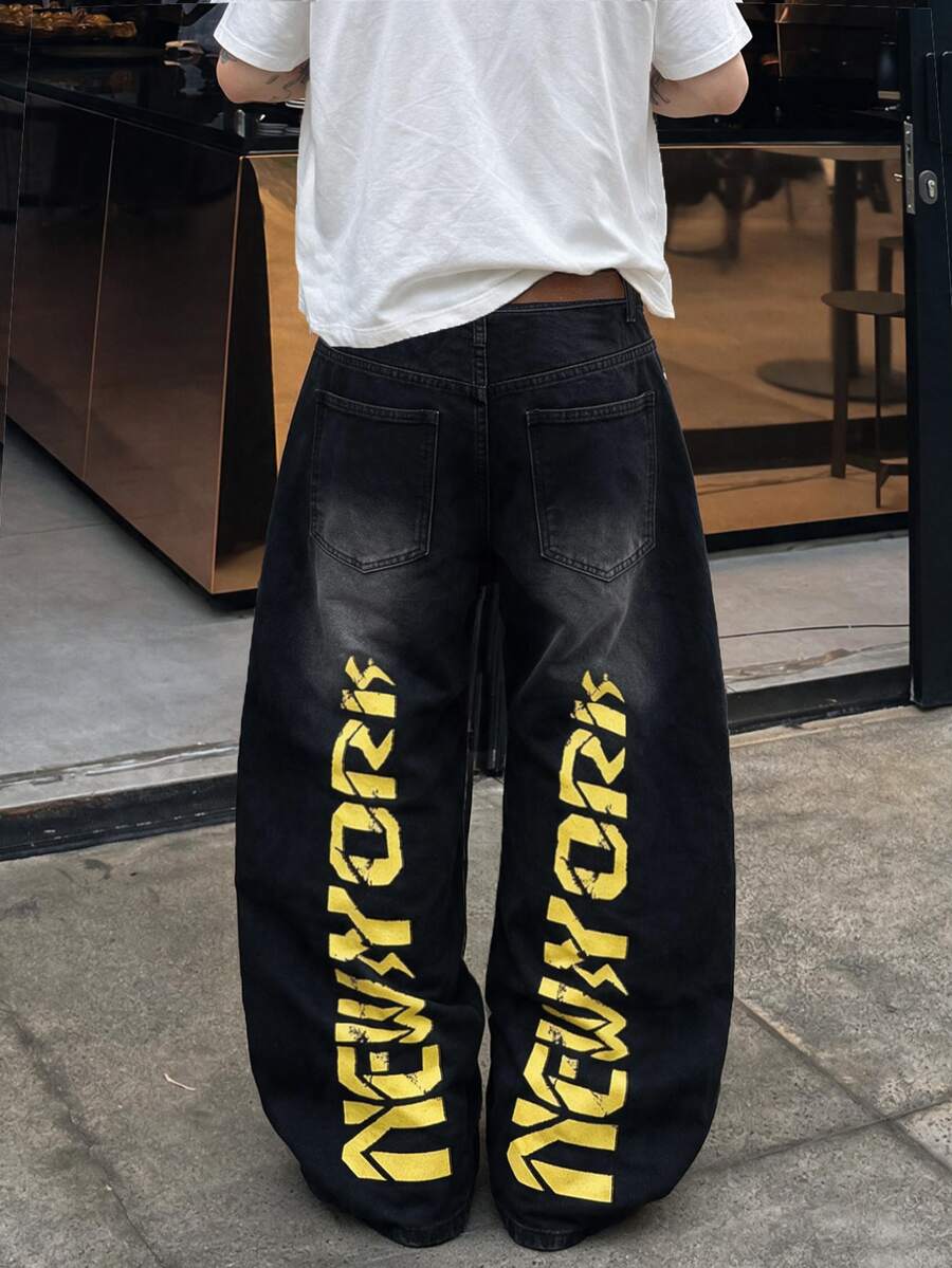Manfinity Denimwave Men's New York Casual Street Print Black Washed Denim Straight Flare Jeans - Black - View 1
