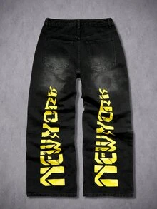 Manfinity Denimwave Men's New York Casual Street Print Black Washed Denim Straight Flare Jeans - Black - View 4