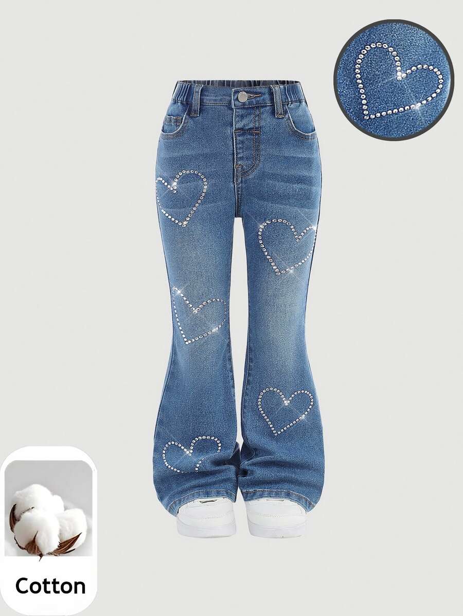 Maija Kids Maija Kids Young Girl' Shimmery Heart Rhinestone Decor Blue Denim Stretchy Flare Jeans - Light Wash - View 1