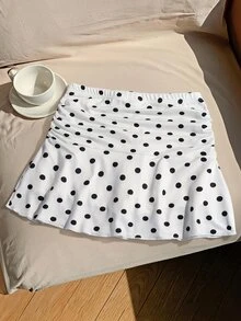 SHEIN 青少年女孩秋季服飾 黑白波點百褶休閒日常短裙，夏季可愛端莊度假泡泡短裙，適合夏秋季 - 白色 - 查看 4
