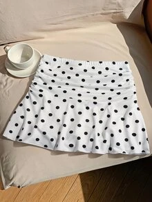 SHEIN 青少年女孩秋季服飾 黑白波點百褶休閒日常短裙，夏季可愛端莊度假泡泡短裙，適合夏秋季 - 白色 - 查看 3