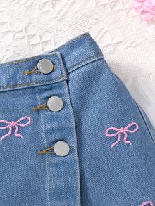 Maija Kids Maija Kids 女童粉色蝴蝶結刺繡藍色牛仔裙褲 - 淺色水洗藍 - 查看 4