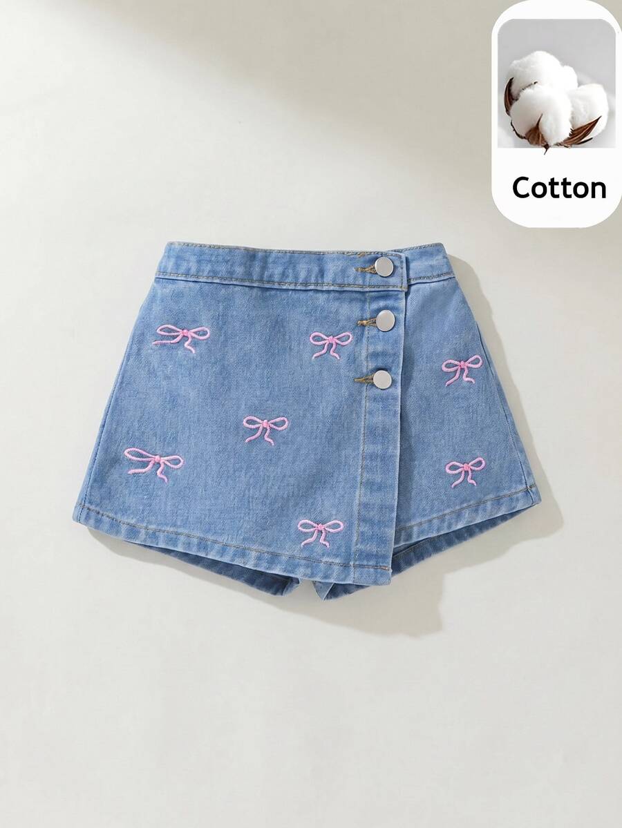 Maija Kids Maija Kids 女童粉色蝴蝶結刺繡藍色牛仔裙褲 - 淺色水洗藍 - 查看 1