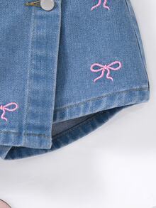 Maija Kids Maija Kids 女童粉色蝴蝶結刺繡藍色牛仔裙褲 - 淺色水洗藍 - 查看 6