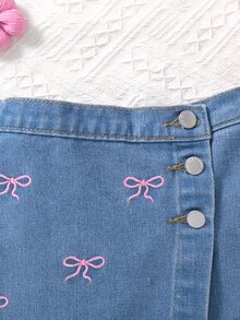 Maija Kids Maija Kids 女童粉色蝴蝶結刺繡藍色牛仔裙褲 - 淺色水洗藍 - 查看 3