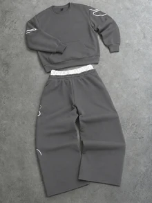 PAVTROS Men's Letter Print Long Sleeve Sweatshirt And Sweatpants Casual Daily Set - Dark Grey - View 2