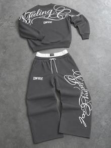 PAVTROS Men's Letter Print Long Sleeve Sweatshirt And Sweatpants Casual Daily Set - Dark Grey - View 1
