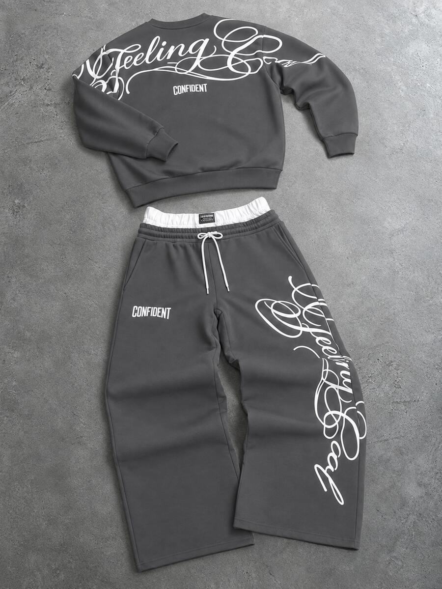 PAVTROS Men's Letter Print Long Sleeve Sweatshirt And Sweatpants Casual Daily Set - Dark Grey - View 1