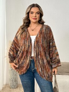 SHEIN CURVE+ Plus-Size Us22 Loose-Fitting Ribbed Brushed Casual Knit Cardigan Jacket Fall - Multicolor - View 4