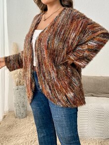 SHEIN CURVE+ Plus-Size Us22 Loose-Fitting Ribbed Brushed Casual Knit Cardigan Jacket Fall - Multicolor - View 3