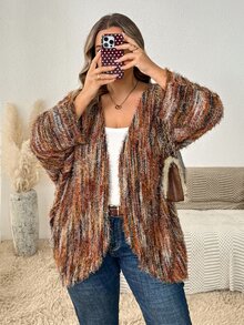 SHEIN CURVE+ Plus-Size Us22 Loose-Fitting Ribbed Brushed Casual Knit Cardigan Jacket Fall - Multicolor - View 6