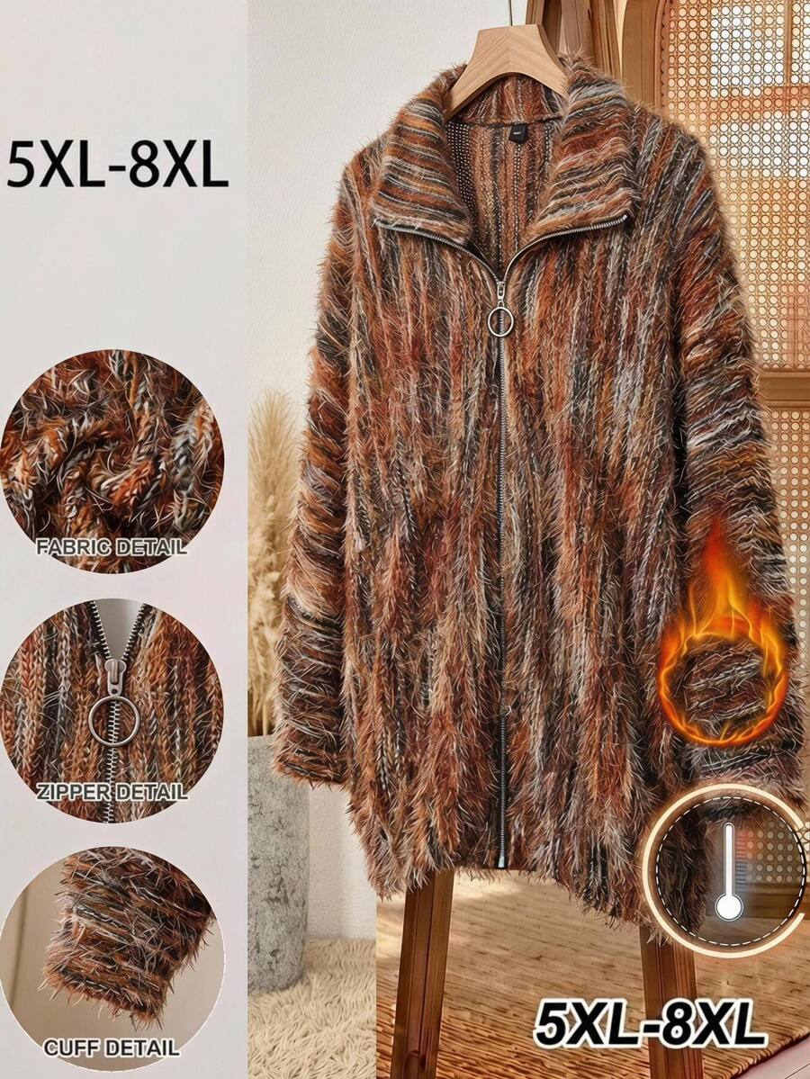 SHEIN CURVE+ Plus-Size Us22 Loose-Fitting Ribbed Brushed Casual Knit Cardigan Jacket Fall - Multicolor - View 1