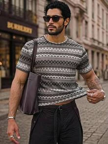 HIMLAND Men's Vacation Fashion Colorblock Diamond Pattern Crew Neck Short Sleeve Slightly Stretchy Knit T-Shirt Vacation Grey Summer 80s Casual - Grey - View 1