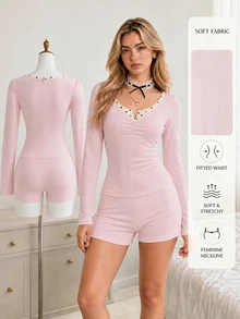 Elamini Romper Kasual Wanita Motif Polkadot Warna Blok dengan Lipatan untuk Pemakaian Sehari-hari - Berwarna merah muda - View 3