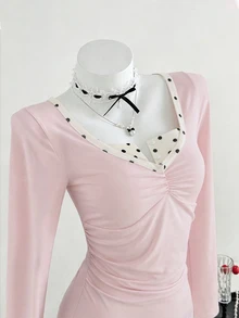 Elamini Romper Kasual Wanita Motif Polkadot Warna Blok dengan Lipatan untuk Pemakaian Sehari-hari - Berwarna merah muda - View 1