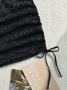 SHEIN Swim 女士遮盖式薄纱侧抽绳黑色沙滩纱笼裙，百搭休闲女士网纱裙 - 黑色 - 查看 3