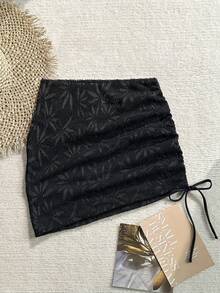 SHEIN Swim 女士遮盖式薄纱侧抽绳黑色沙滩纱笼裙，百搭休闲女士网纱裙 - 黑色 - 查看 2