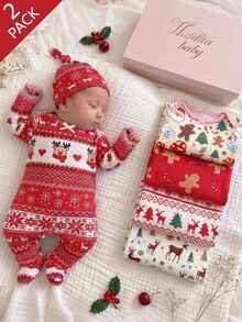 1 Set Newborn Christmas Long Sleeve Footed Romper With Red Deer Head Design, Matching Christmas Hat, Cute Home Wear, Best Gift For Newborns, Versatile And Fashionable, Best Choice - Red - View 2
