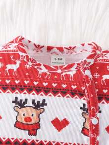 1 Set Newborn Christmas Long Sleeve Footed Romper With Red Deer Head Design, Matching Christmas Hat, Cute Home Wear, Best Gift For Newborns, Versatile And Fashionable, Best Choice - Red - View 5
