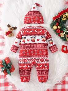 1 Set Newborn Christmas Long Sleeve Footed Romper With Red Deer Head Design, Matching Christmas Hat, Cute Home Wear, Best Gift For Newborns, Versatile And Fashionable, Best Choice - Red - View 3