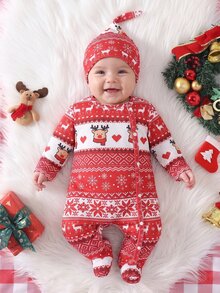 1 Set Newborn Christmas Long Sleeve Footed Romper With Red Deer Head Design, Matching Christmas Hat, Cute Home Wear, Best Gift For Newborns, Versatile And Fashionable, Best Choice - Red - View 8