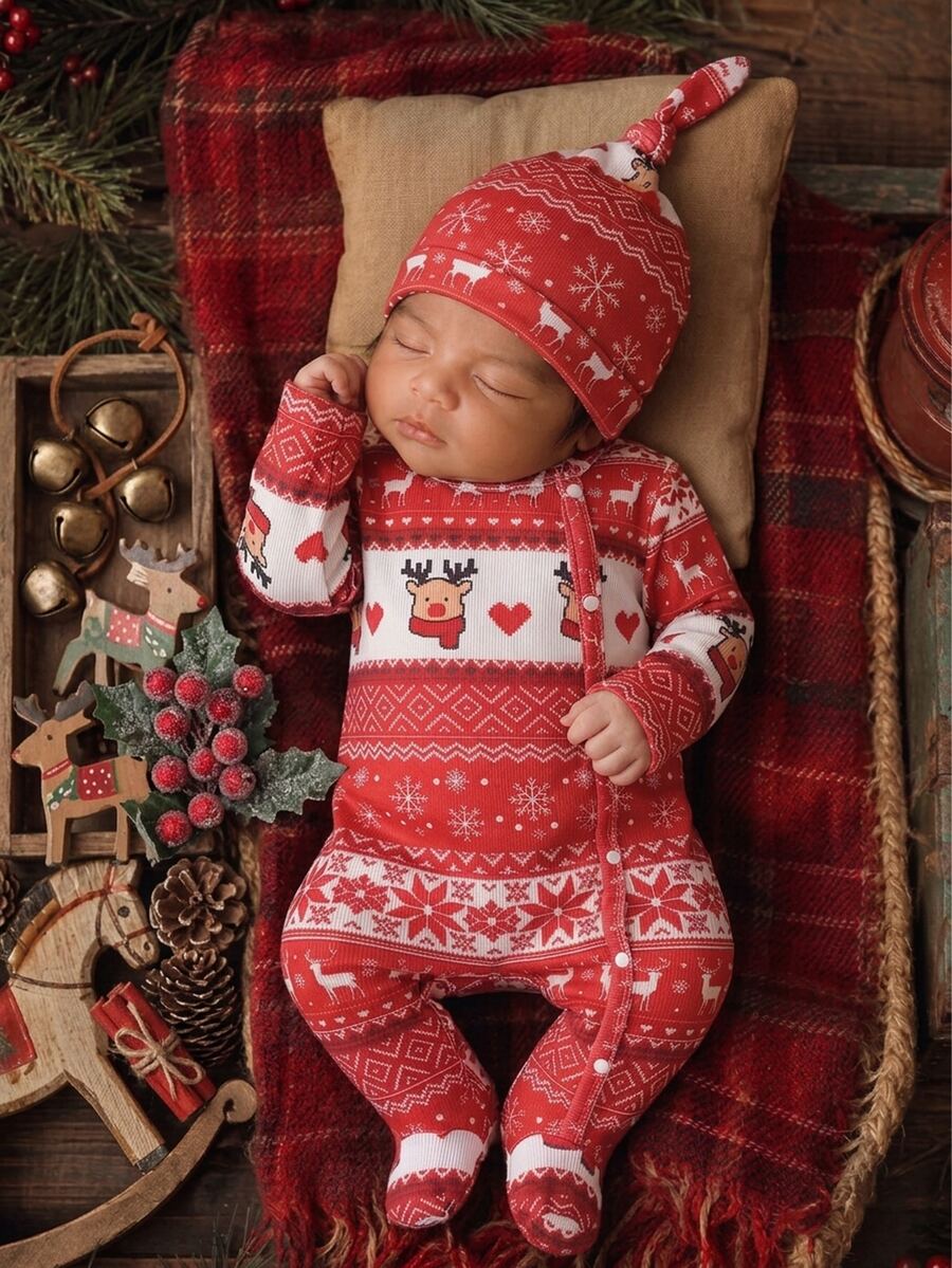 1 Set Newborn Christmas Long Sleeve Footed Romper With Red Deer Head Design, Matching Christmas Hat, Cute Home Wear, Best Gift For Newborns, Versatile And Fashionable, Best Choice - Red - View 1