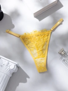 Crystal Vow 2件套玫瑰红蕾丝拼接内衣套装，成熟性感 - 黃色 - 查看 7