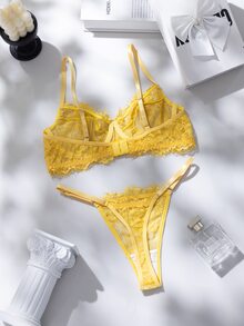 Crystal Vow 2件套玫瑰红蕾丝拼接内衣套装，成熟性感 - 黃色 - 查看 4