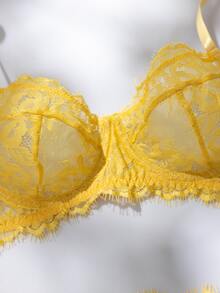 Crystal Vow 2件套玫瑰红蕾丝拼接内衣套装，成熟性感 - 黃色 - 查看 6