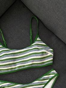 SHEIN Swim 條紋紋理布料雙肩帶紅白條紋比基尼泳衣套裝 2件組 女款 島嶼海灘度假運動休閒百搭 春夏風格 - 綠色 - 查看 5