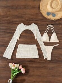 SHEIN Swim 4pcs Women Beach Outfit Set: Lace Long Sleeve Halter Backless Bikini Top, Thong Bikini Bottom, Long Sleeve Cover Up, Lace Mini Skirt - Beige - View 1