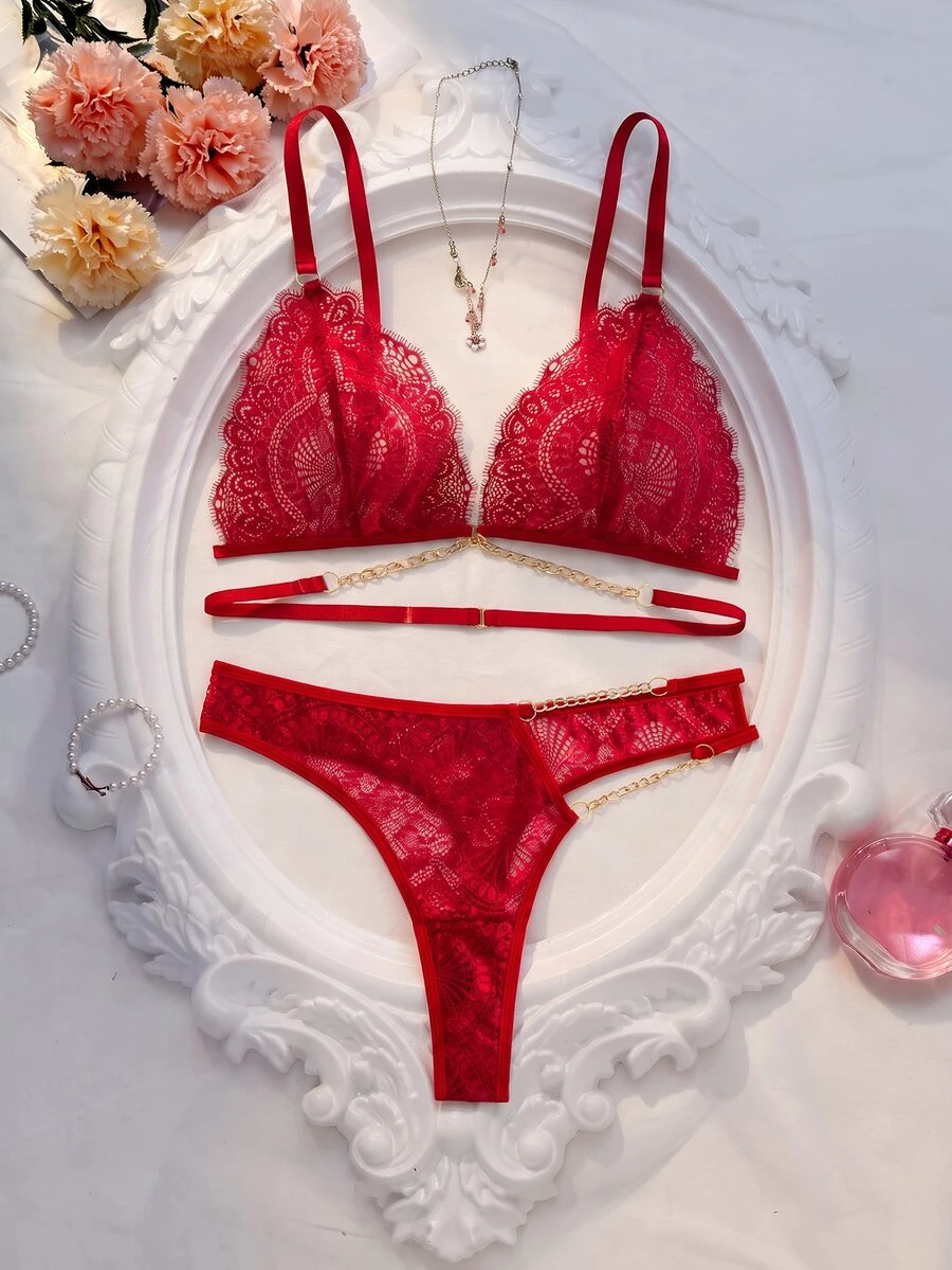 Seduluxe 2pcs Lace Women's Red Underwear Set & Comfortable Wireless Bra & Thong - Burgundy - View 1