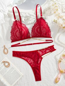 Seduluxe 2pcs Lace Women's Red Underwear Set & Comfortable Wireless Bra & Thong - Burgundy - View 5