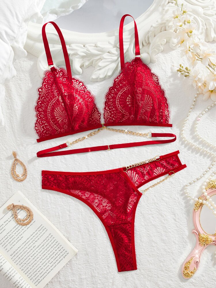 Seduluxe 2pcs Lace Women's Red Underwear Set & Comfortable Wireless Bra & Thong - Burgundy - View 5