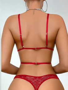 Seduluxe 2pcs Lace Women's Red Underwear Set & Comfortable Wireless Bra & Thong - Burgundy - View 4