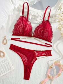 Seduluxe 2pcs Lace Women's Red Underwear Set & Comfortable Wireless Bra & Thong - Burgundy - View 7