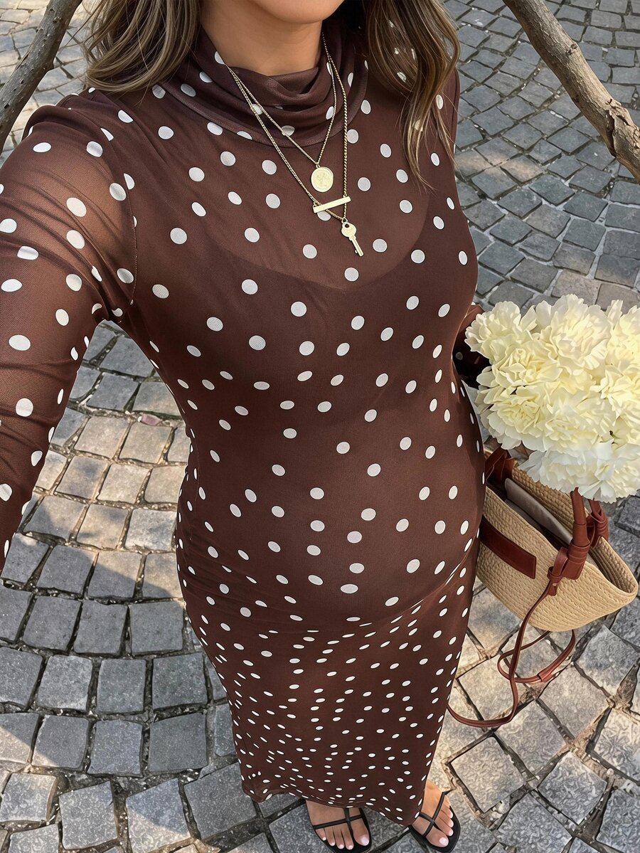 Lyckli Elegant Maternity Polka Dot Print Slim Fit Commuter Dress - Brown - View 1