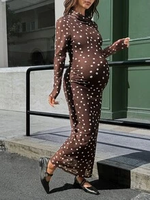 Lyckli Elegant Maternity Polka Dot Print Slim Fit Commuter Dress - Brown - View 5