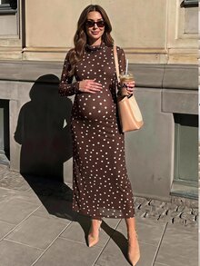 Lyckli Elegant Maternity Polka Dot Print Slim Fit Commuter Dress - Brown - View 2