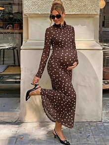 Lyckli Elegant Maternity Polka Dot Print Slim Fit Commuter Dress - Brown - View 3