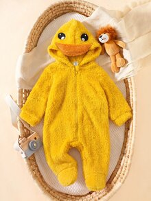 Newborn Baby Cartoon Duck Hooded Autumn Winter Romper - Yellow - View 3