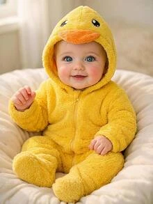 Newborn Baby Cartoon Duck Hooded Autumn Winter Romper - Yellow - View 1