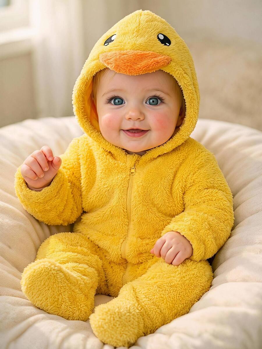 Newborn Baby Cartoon Duck Hooded Autumn Winter Romper - Yellow - View 1