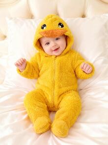 Newborn Baby Cartoon Duck Hooded Autumn Winter Romper - Yellow - View 6
