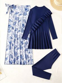 SHEIN Swim Women Ruffle Long Sleeve Top & Seashell Print Wrap Skirt Burkini Set - Multicolor - View 5