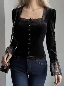 Livesso Women's Lace Patchwork Slim Fit Versatile Long Sleeve Blouse For Daily Wear Fall Vacation - Black - View 5